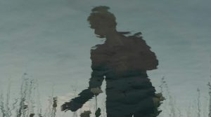 Female shadow reflecting in clear, calm water, depicting the woman picking flowers.