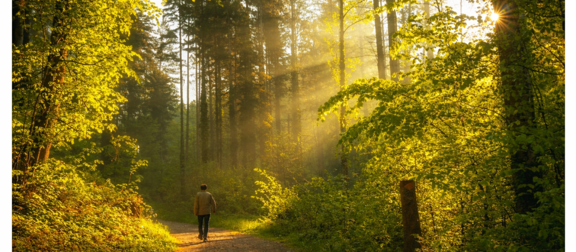 Morning walk in the sunlit forest